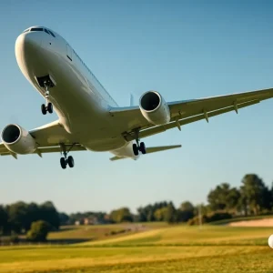 Delta Air Lines branded airplane flying over a picturesque golf course.