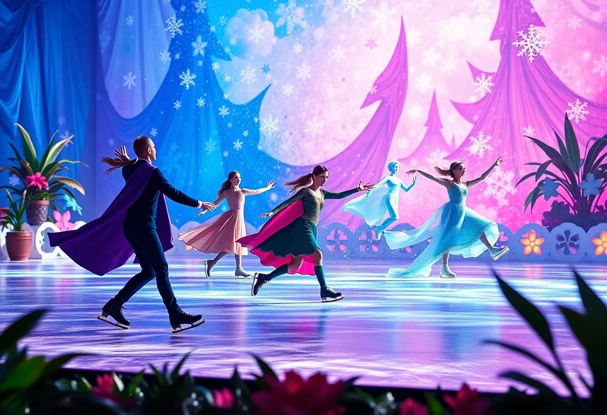 Magical scene from Disney On Ice featuring Frozen and Encanto performances.