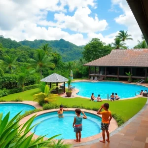 Families enjoying their vacation at a resort in Costa Rica with swimming and nature activities.