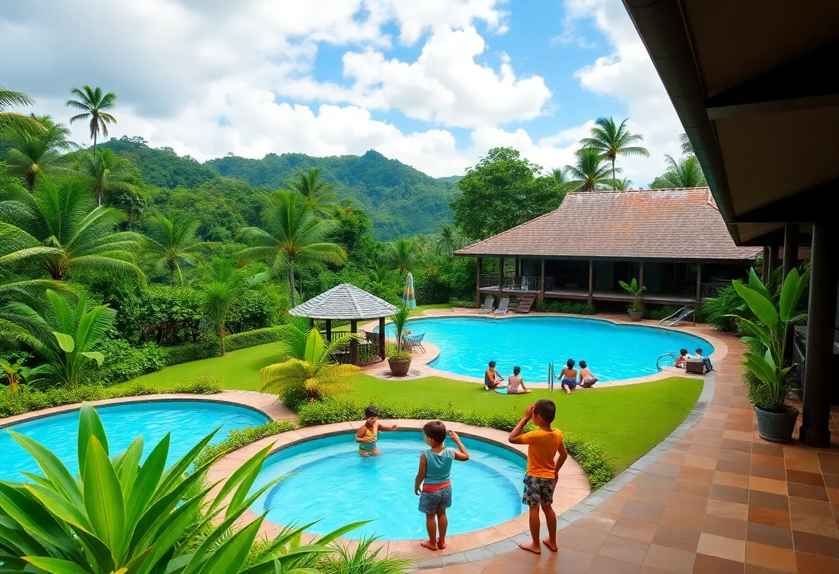Families enjoying their vacation at a resort in Costa Rica with swimming and nature activities.