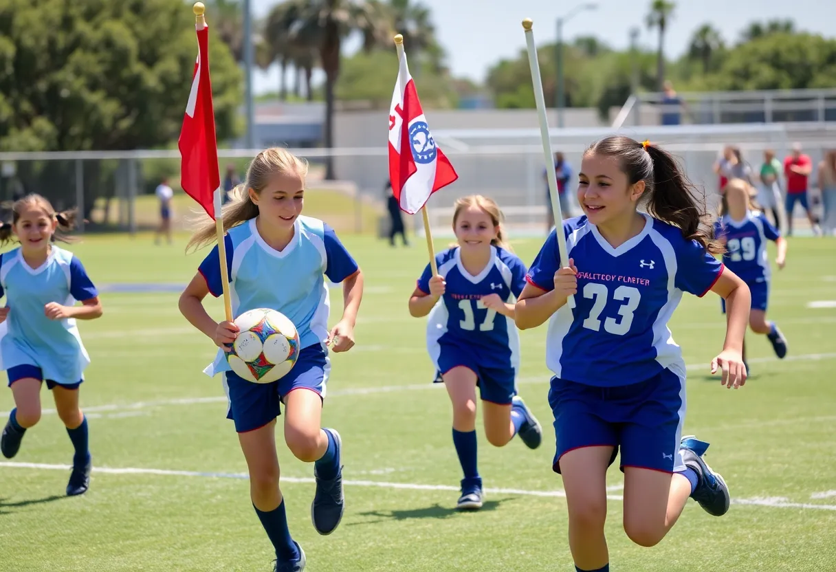 Girls flag football teams in action on a Florida field