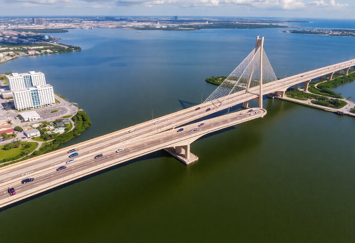 Aerial view of Howard Frankland Bridge with new southbound span