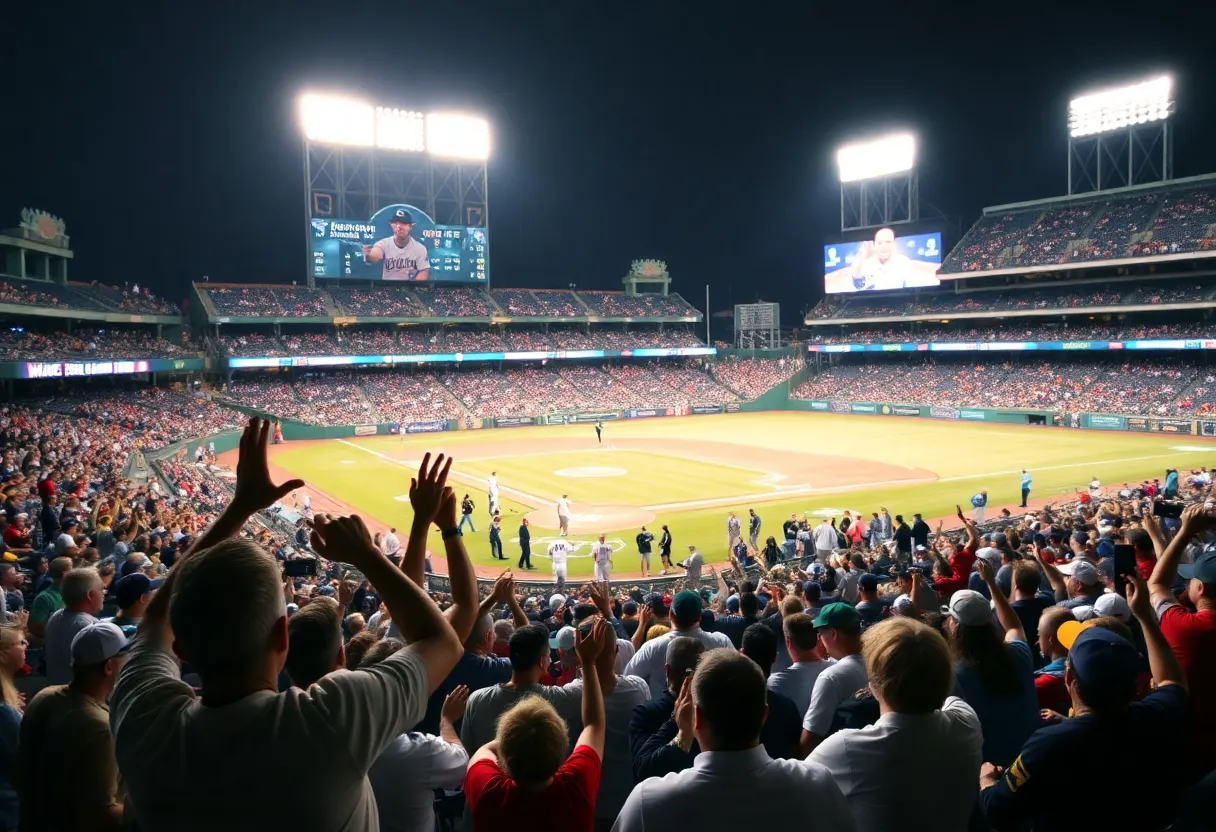 Celebration in the stadium after a walk-off home run on Opening Day