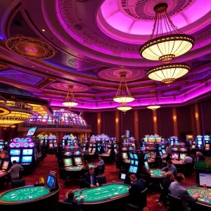 Luxurious casino interior with elegant designs and gaming tables