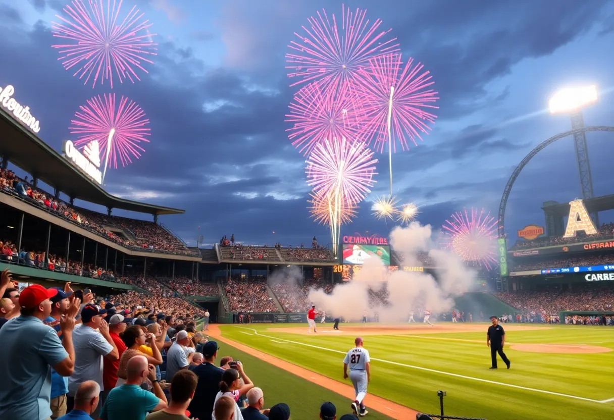 Tampa Bay Rays outdoor home opener celebration with fireworks.