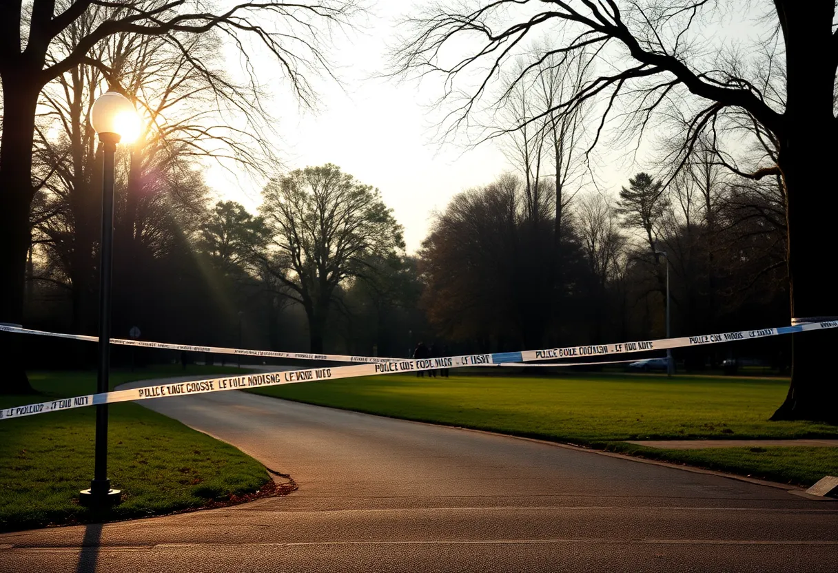 Crime scene in a park with police presence and tape.