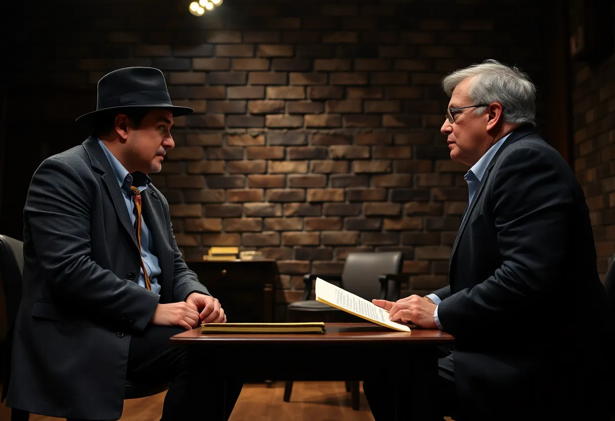 A scene from The Pillowman play at Jobsite Theater, showcasing intense character interactions.