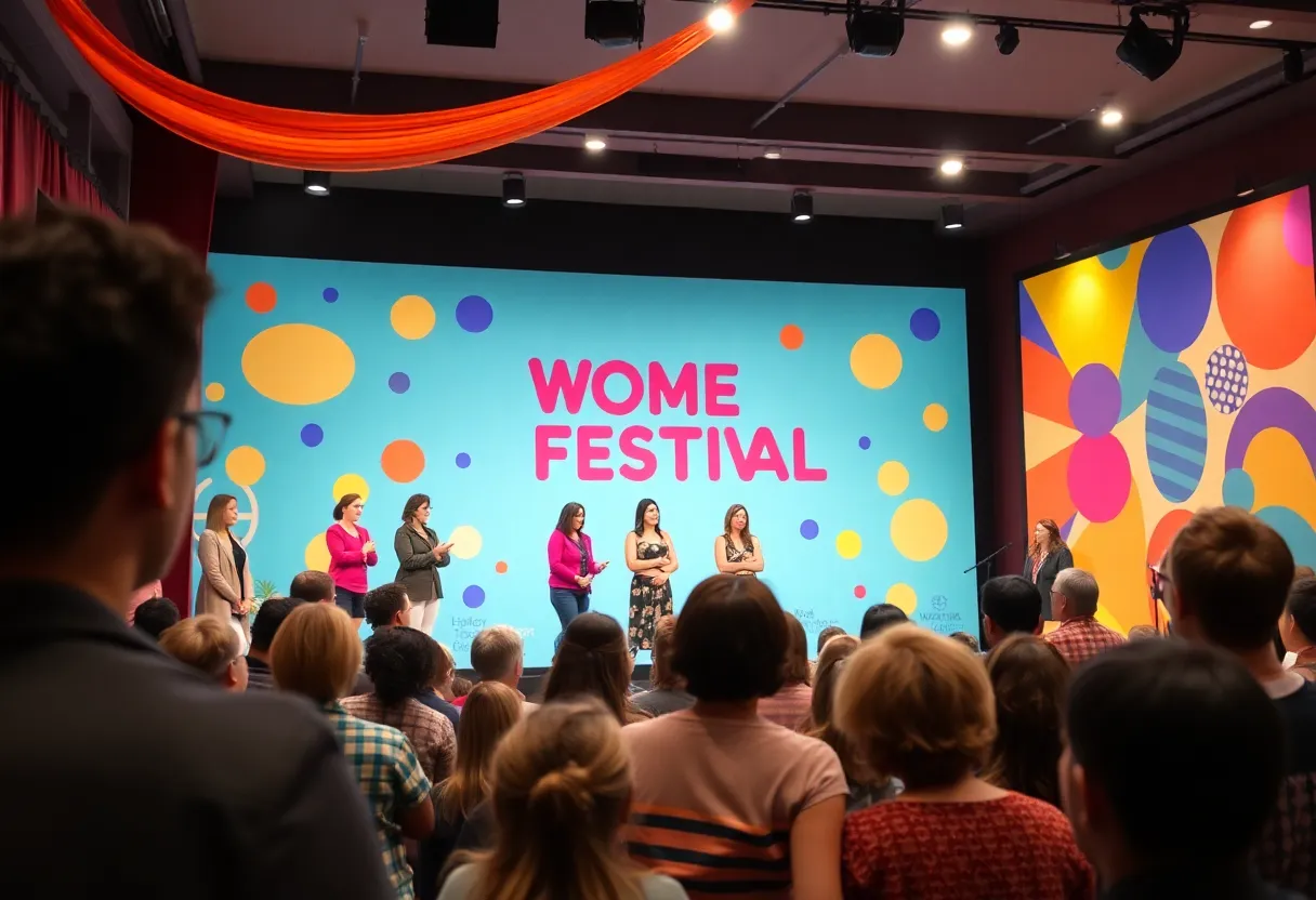 Scene from the Voices of Women Theatre Festival depicting diverse playwrights and audience engagement.