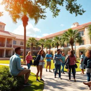 University campus in Florida with students discussing