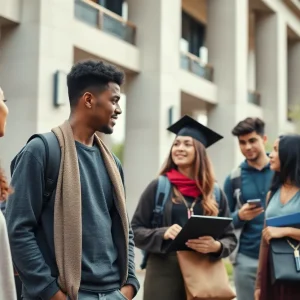 Graduate students of diverse backgrounds discussing outside USF campus