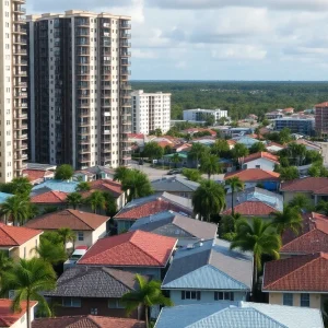 Crowded neighborhood in Florida with rental and sale signs