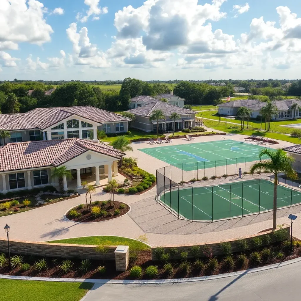 An overview of a vibrant active adult community in Florida with a clubhouse and sports amenities.