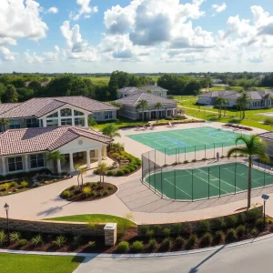 An overview of a vibrant active adult community in Florida with a clubhouse and sports amenities.