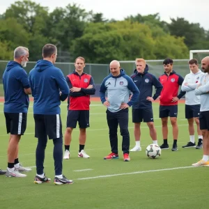 Coaches participating in a football training session on a field