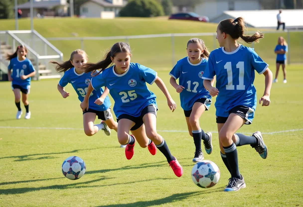 Girls participating in a flag football championship game
