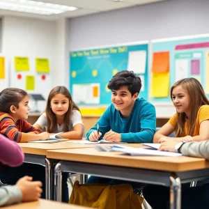 Students engaged in learning activities in a vibrant classroom.