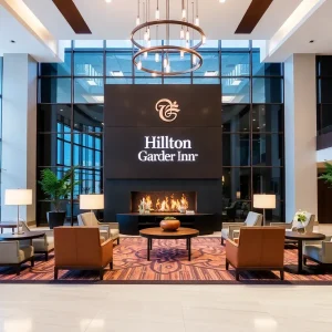 Modern hotel lobby of Hilton Garden Inn Tampa Northwest/Oldsmar