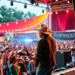 A lively outdoor concert with a country artist performing on stage.