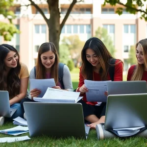 Students studying with financial documents on a university campus