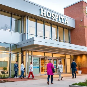 Exterior view of a community hospital focused on healthcare services