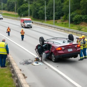 Overturned vehicle on Tampa highway ramp with emergency responders.