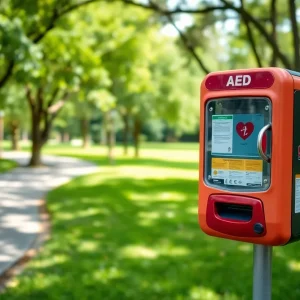 Automated external defibrillator in a park