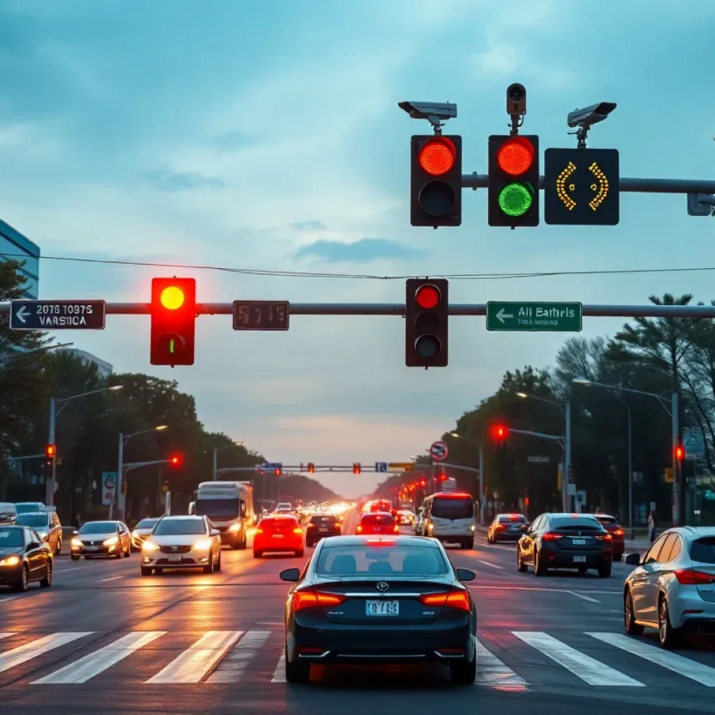 AI traffic signals at a bustling intersection in St. Petersburg