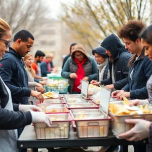 Volunteers at AssuranceAmerica's community event helping those facing homelessness.