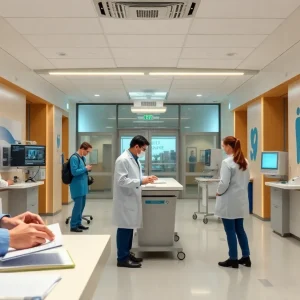 Healthcare professionals collaborating in a modern hospital setting.