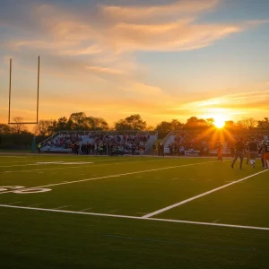 Chamberlain High School football field with warm sunset