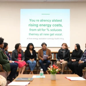 Community members discussing energy assistance at an event