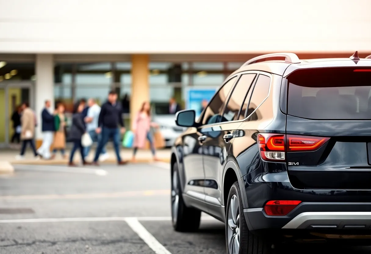 Black SUV in a retail parking lot representing credit card fraud investigation.