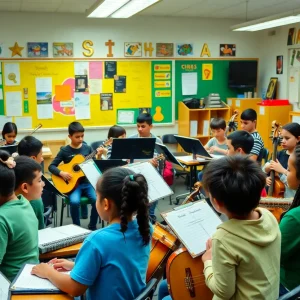 Students in a music classroom inspired by a Grammy-winning artist