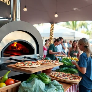 Outdoor pop-up pizza event featuring artisanal pizzas and fresh ingredients.