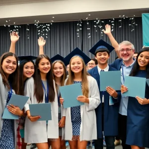 Group of high school students celebrating receiving healthcare scholarships