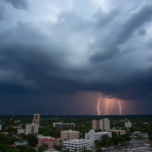 Dark storm clouds over a Florida city with heavy rain.