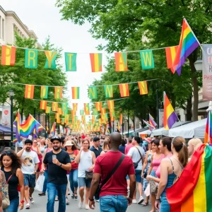 Vibrant Pride block party in St. Petersburg with rainbow flags and performers.