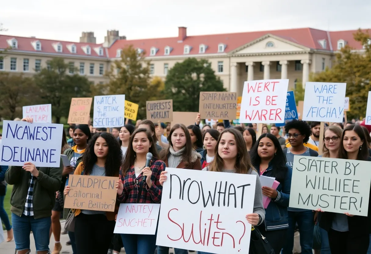 Diverse students protesting with signs on university campus