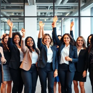 A group of diverse women leaders celebrating success in business.