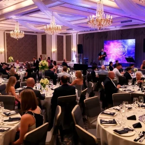 Guests enjoying the Angel Foundation Gala with black and white decorations.