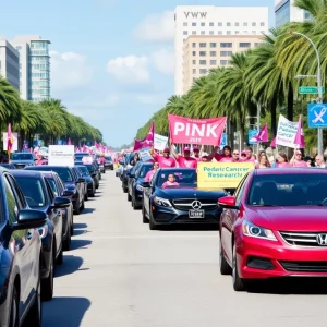 Cars participating in AutoNation's rally for pediatric cancer awareness