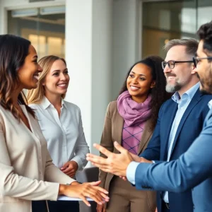 Business leaders engaged in discussion in a modern office