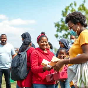 Volunteers assisting homeless families at an outdoor community event