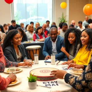 Diverse community members at a luncheon supporting emotional intelligence programs