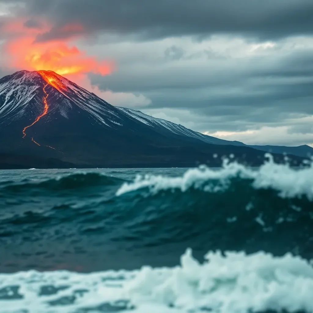 A view of the Kamchatka peninsula with volcanic activity and ocean waves following an earthquake.
