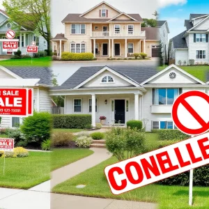 Cancelled home-sale agreements with 'For Sale' signs in the background.