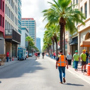 City street in St. Petersburg with recovery efforts for hurricane resilience