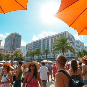Tampa cityscape during extreme heat with people staying cool in the shade