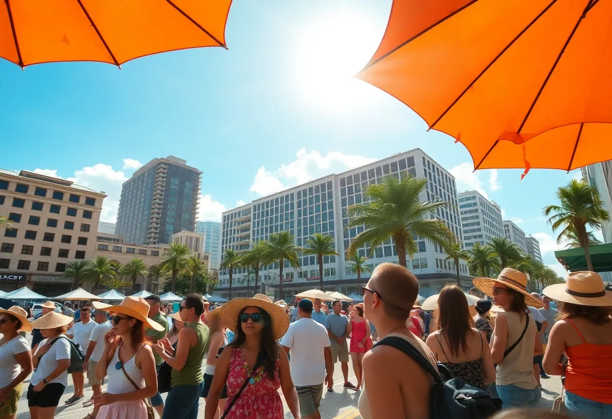 Tampa cityscape during extreme heat with people staying cool in the shade