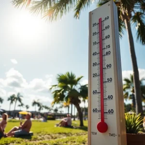 A thermometer indicating high temperatures in Tampa during a heat wave